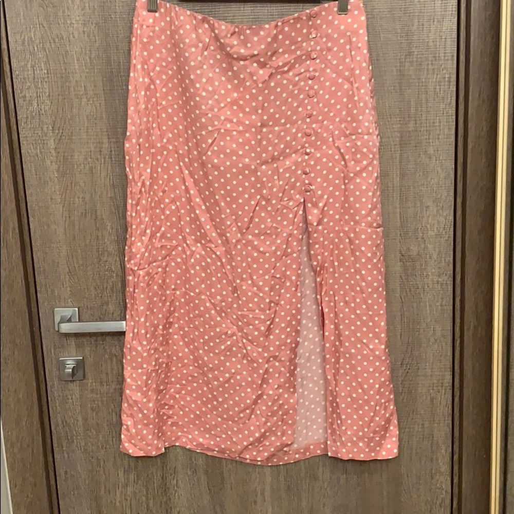 Zara Pink and White Polka Dot Midi Slit Skirt